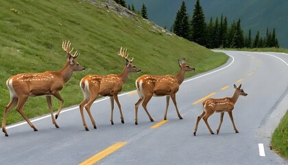 A Family Of Deer Crossing A Mountain Pass