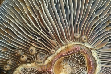 Microscopic Cross-Section of Mushroom Cap with Gills and Spores
