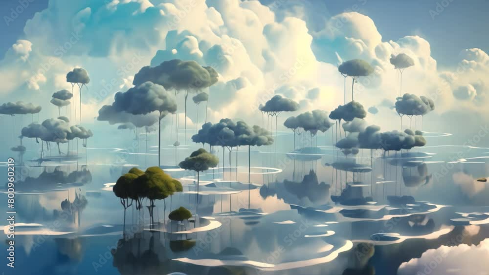Poster a serene video of a group of clouds peacefully floating in the sky, translucent layers of cloud comp