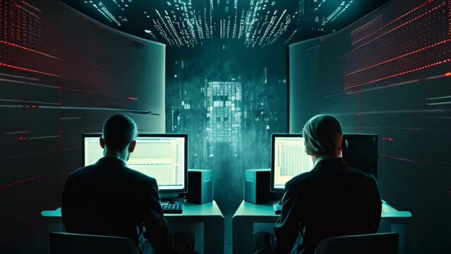 Two individuals sitting at their respective computer desks, engrossed in their work, in a dimly lit room, Two computers exchanging information through binary code