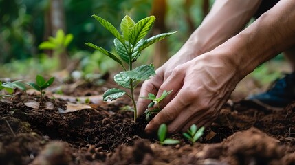Hands Carefully Nurturing a Young Plant Against a Natural Backdrop Highlighting Growth and Sustainability Generative ai