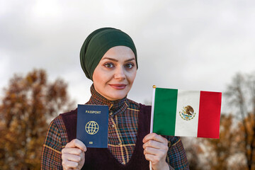 Muslim Woman Holding Passport and Flag of Mexico
