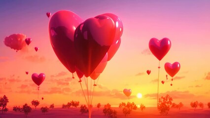 A vibrant bunch of heart shaped balloons floating in the air, creating a festive and joyous atmosphere, Valentine day's love heart balloons in vibrant sunset