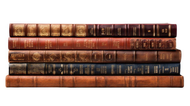 A stack of books precariously balanced on top of each other, creating a tower of knowledge on transparent background