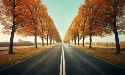 a long road with trees lining the sides of it and a blue sky in the background with a few clouds