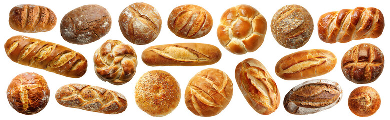 Set of isolated different types of bread, top view