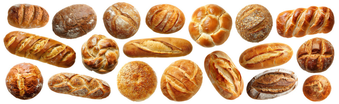Set of isolated different types of bread, top view