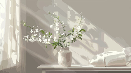 Vase with blooming jasmine flowers on bedside bench i