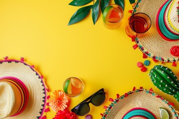 Vibrant Mexican fiesta party background with tequila, sombrero and colorful decorations on a yellow backdrop with space for text. A flat lay top view of a Cinco de Mayo holiday celebration banner