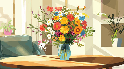 Vase with bouquet of beautiful flowers on table in room