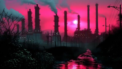 Industrial Oil Refinery at Sunset: A Portrait of Pollution and Energy Consumption. Concept Industrial Pollution, Energy Consumption, Sunset Silhouettes, Oil Refinery Architecture