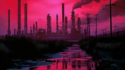 Evening sunset at an industrial oil refinery showing pollution and electricity use . Concept Industrial Pollution, Oil Refinery, Evening Sunset, Electricity Consumption, Environmental Impact