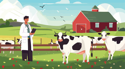 Veterinarian with vaccine for cows on farm Vector style