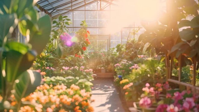 A lush and vibrant greenhouse bursting with a wide variety of plants and an array of colorful flowers, A bright, private greenhouse filled with blooming flowers and lush, green plants