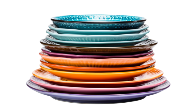 Colorful plates stacked in a tower formation with vibrant hues