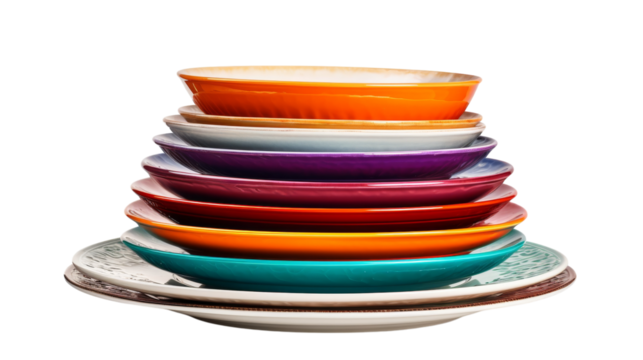 A vibrant, striking stack of colorful plates balanced on top of each other