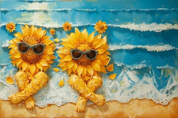 two sunflowers sunbathing on the beach