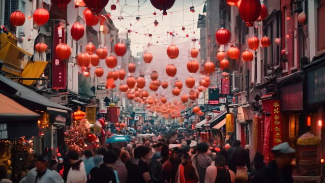 A bustling urban scene with a large number of individuals navigating a congested city street, A bustling Chinatown during Chinese New Year celebrations