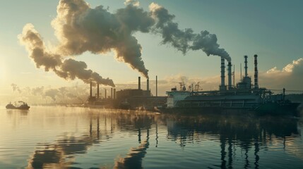 Dawn over Industrial Waterfront, Highlighting the Dual Challenges of Urbanization and Climate Change