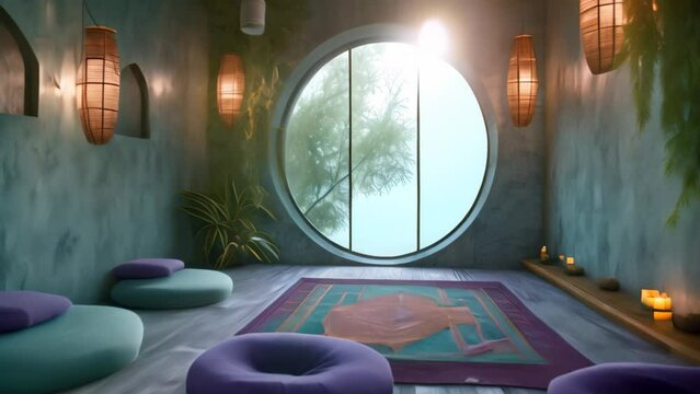 Step into this room with a distinct circular window, adding a touch of elegance and capturing natural light effortlessly, A calming view inside a yoga meditation therapy room