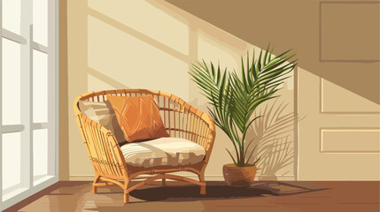 Wicker armchair with pillows in interior of room Vector