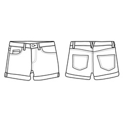 Technical sketch of denim shorts. High waist rolled up short. Front and back flat design vector.