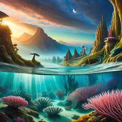 tropical coral reef and blue sea