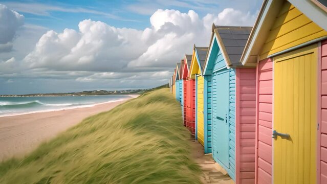 A captivating view of a row of colorful beach huts perfectly situated right next to the sparkling ocean, A charming row of colorful beach huts along a sandy shoreline