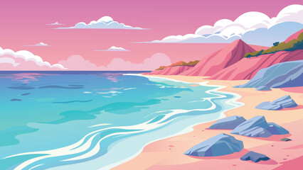 Scenic pink sunset at a tranquil beach, vector cartoon illustration.