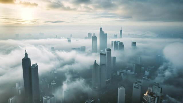 An astounding photograph capturing a city soaring above the surreal beauty of the clouds, A city blanketed in fog viewed from above