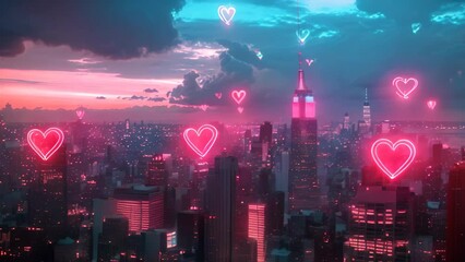 A mesmerizing cityscape featuring a skyline illuminated by vibrant neon hearts gracefully floating in the night sky, A city skyline at dusk with heart-shaped neon lights - Powered by Adobe