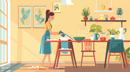 Woman cleaning table in room closeup Vector style vector