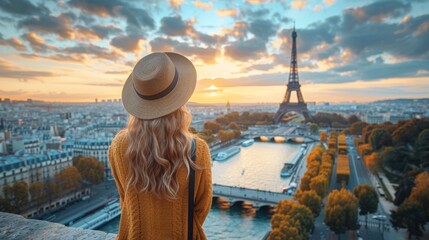 Woman Looking at the Eiffel Tower in Paris. Generative AI