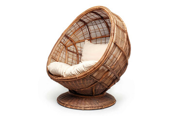 A rustic wicker egg chair with a bohemian vibe, isolated on solid white background.
