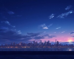 Fototapeta premium City skyline at dusk with lights, sky above providing ample space for text