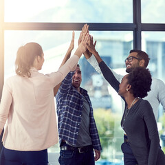 Diversity, high five and hands together in office for corporate support, company collaboration and...