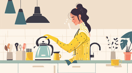 Woman in yellow gloves cleaning electric kettle on wh