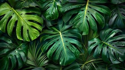 Tropical leaves background, dense array of vibrant green palm and monstera leaves