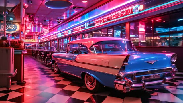A vintage automobile sits gracefully inside a nostalgic diner, bathed in the vibrant glow of neon lights, A classic American diner with neon signs and vintage cars