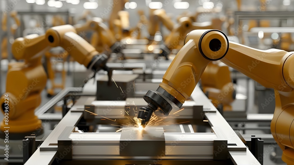 Aufkleber automated robot arm assembly in factory workshop with sparks during production . concept factory aut