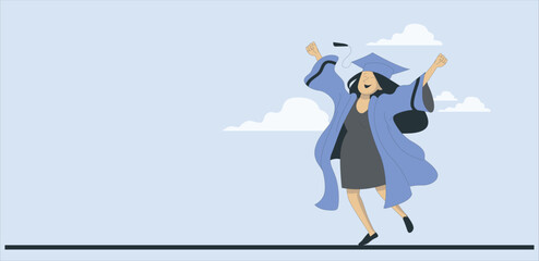 Happy students celebrating graduation, diploma. People graduated. Graduate celebration ceremony. A student holds a paper scroll. A vector cartoon illustration. education concept 424