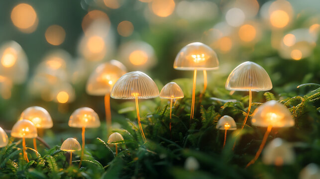 There are several small mushrooms in a forest setting. The mushrooms are white and have a glass-like appearance. They are growing in a cluster on the forest floor, which is covered in moss. There is a