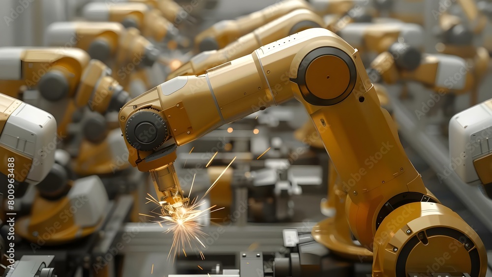 Poster robotic arm assembly in factory workshop with production sparks. concept robotics, assembly, factory