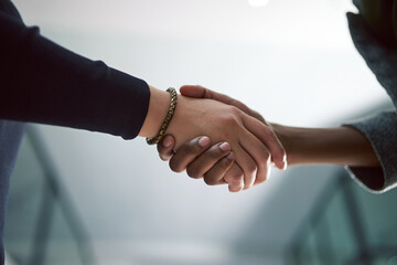 Shaking hands, deal and business people in office for agreement, partnership and welcome for...