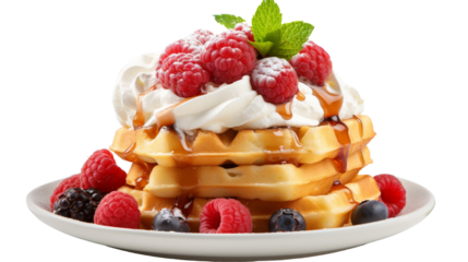 A white plate holds waffles smothered in whipped cream and topped with juicy raspberries