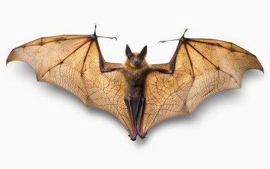 Naklejka premium Detailed view of a fruit bat with wings fully extended against a white background, showcasing intricate wing patterns.