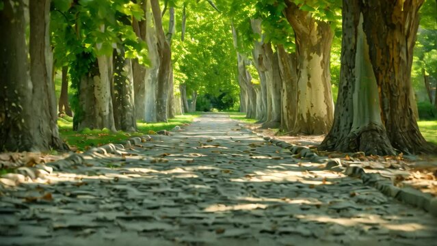 A picturesque scene of a cobblestone road lined with beautiful trees in a serene park setting, A cobbled pathway flanked by towering sycamore trees in a park