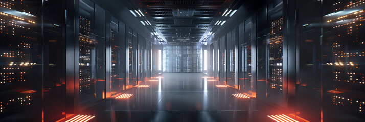 Data center cyber security storage, A dark room with red lights and a blue background with a row of servers.