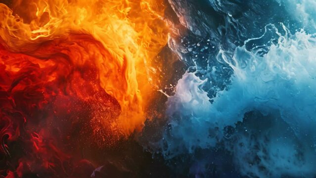 This close-up photo captures the striking combination of fire and water in a captivating wallpaper design, A collision of water and fire depicted in bold, contrasting colors