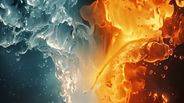 A captivating close-up Video capturing the dynamic beauty of fire and water melding together in a stunning background, A collision of water and fire depicted in bold, contrasting colors